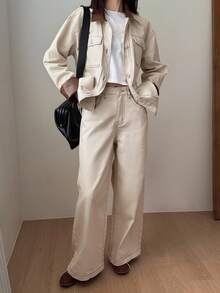 DAZY Ensemble en jean décontracté pour femmes avec veste en jean ample à poches et jeans droits