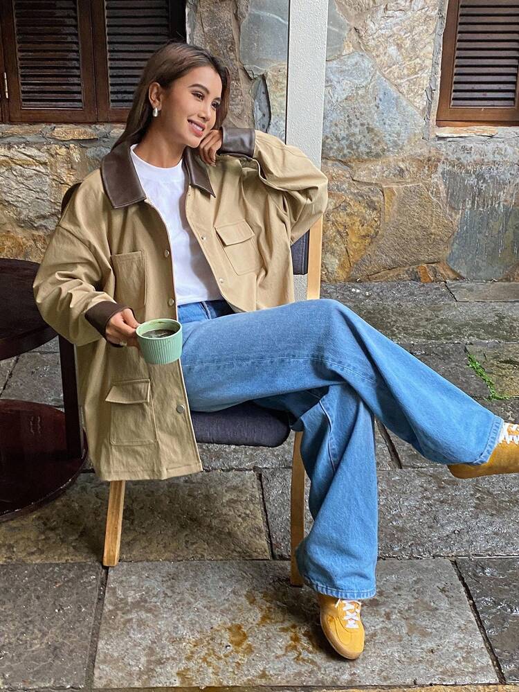 Women's Lapel PU Contrast Color Leather Collar Patchwork Loose Straight Casual Street Style Trench Coat Jacket