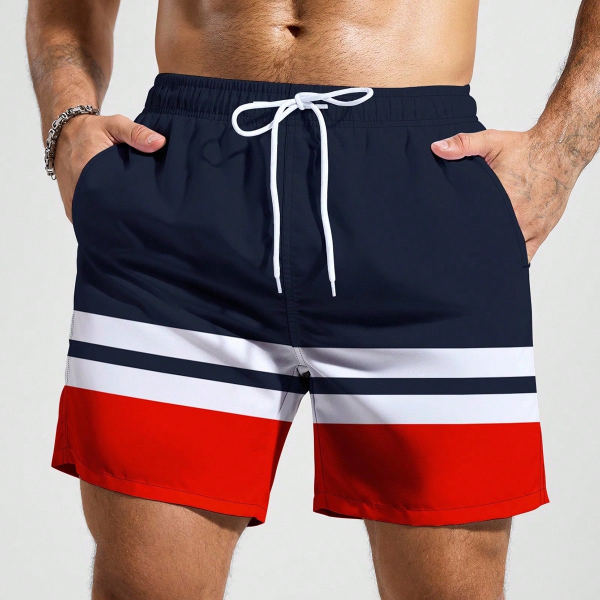 Pantalones cortos de playa casuales de color contrastante para hombres, vacaciones