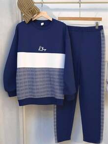 SHEIN 2 件青少年男童休闲字母标语印花圆领运动衫和裤子套装，纯色简约基本百搭，适合通勤、上学、日常休闲、旅行、户外派对、运动、秋冬 - 彩色 - 查看 5