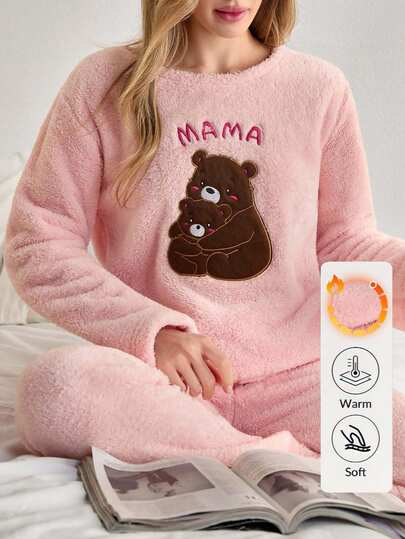 EURMUSE 2-delige pyjamaset voor dames met fuzzy pelush mamabeer borduurwerk en homewear-details