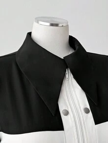 Sunspun 大码连衣裙时尚朋克深色衬衫领黑白撞色腰长袖短裙交叉衬衫裙哥特式连衣裙 - 黑與白 - 查看 5