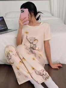 Napfluff Bộ đồ ngủ dệt kim tay ngắn in hình chú voi dễ thương, Bộ đồ ngủ hình voi cổ tròn, Bộ đồ ngủ hai mảnh, Bộ đồ ngủ dễ thương, Bộ đồ ngủ họa tiết hoa, Bộ đồ ngủ nữ, Chi tiết ấm áp và thanh lịch - Nhiều màu - Xem 6