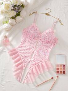 SHEIN 花卉印花荷叶边前部无线紧身衣 - 粉色 - 查看 6