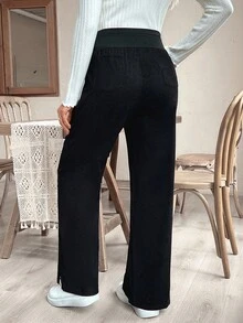 SHEIN Pantaloni sport largi pentru maternitate, culoare solidă, cu talie reglabilă, cu picior larg