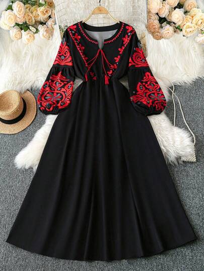 DreamSkyne Court Retro  Plus Size Women Retro Print Round Neck Lantern Sleeve Pleated Relaxed Fit Casual Dress Fall Cloth For Women