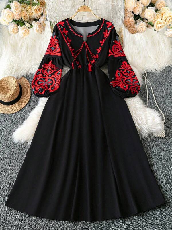 Rometta Court Retro  Plus Size Women Retro Print Round Neck Lantern Sleeve Pleated Relaxed Fit Casual Dress Fall Cloth For Women