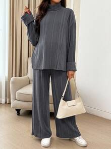 SHEIN 2 件孕妇秋季罗纹高领落肩上衣和可调节腰部裤子休闲套装 Co Ords 套装女士两件套女士舒适 2 件套休闲套装女士感恩节 Ghostface 孕妇装两件套装舒适两件套灰色 - 深灰色 - 查看 4