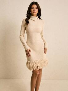 Poéselle Robe pull ajustée à manches longues de couleur unie, décontractée, avec franges. Vêtements d'automne et d'hiver pour femmes - Nude - Voir 3