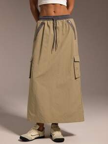 Hanevo Women's Casual Elastic Waist Pockets Long Skirt, Fashionable Street Style - Mocha Brown - View 4