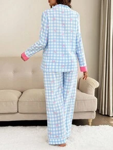 SHEIN 2pcs Maternity Casual Loose Long Sleeve Top And Pants Set,Maternity Pjs ,Loungewear,Nightgown,Sleepwear Set Plaid Pajamas Women Nightwear Maternity Sleepwear Sleep Wear Women Bow Print Pajama Set - Blue - View 2