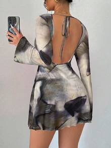Firerie Women's & Elegant Light Grey,Autumn,Seductive,Night Out Club Mesh Tie-Dye Watercolor Print Backless Tie Flare Sleeve Mini Dress For Fall Party - Multicolor - View 3