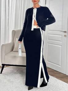 EURMUSE Women 2 Pieces Cardigan And Maxi Skirt Set With Rhinestone Button And Side Detail,Co Ord,Winter Clothes - Navy Blue - View 3