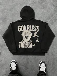 GENIUS ODE Plus Size Men's Letter & Pigeon Print Zip Front Drawstring Hoodie Sweatshirt, God Hoodie, Religious Hoodies, Hoodies Graphic Black , Fall
