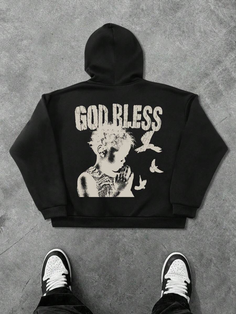 GENIUS ODE Plus Size Men's Letter & Pigeon Print Zip Front Drawstring Hoodie Sweatshirt, God Hoodie, Religious Hoodies, Hoodies Graphic Black , Fall