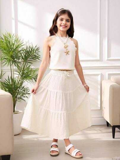 少女纯色荷叶边下摆优雅半身裙