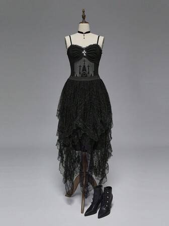 Goth Gotischer Vintage-Palast romantischer mehrlagiger Spitzenbesatz Kontrast-Spitze Spinnennetz-Muster Rock, Halloween