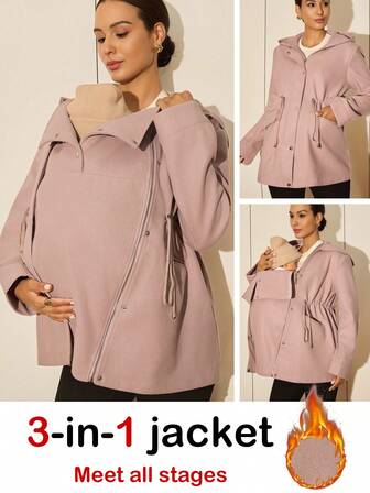 MaterniWear Pregnant Women's Solid Color Long Sleeve Zip-Up Collar Loose Casual 3-In-1 Jacket, Autumn Women's Winter Jacket  Women's Winter Jacket   Winter Clothes For Women