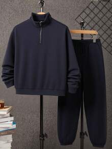 SHEIN 青少年休闲街头时尚纯色舒适拉链立领连帽衫和运动裤套装，适合通勤、上学、日常休闲、度假、运动、派对、秋冬