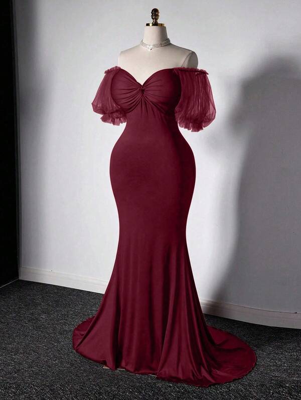 Grovea Plus Size Women's Off Shoulder Elegant High-End Waist-Cinching Slimming Luxury Mermaid Maxi Dress