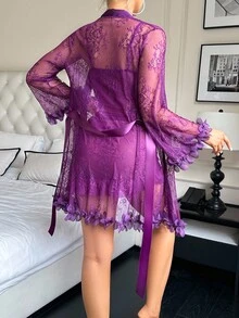 Seduluxe 2pcs Set: 3D Floral Lace Robe + Fishbone Waist Design Lace Camisole Nightgown - Purple - View 3