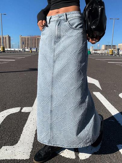DAZY 复古美式宽松高腰牛仔裙，饰有菱形提花图案