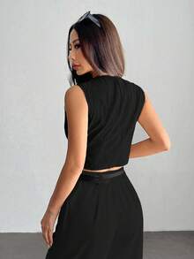 SHEIN PETITE 休闲办公室女士无袖衬衫，正面有纽扣 - 黑色 - 查看 6