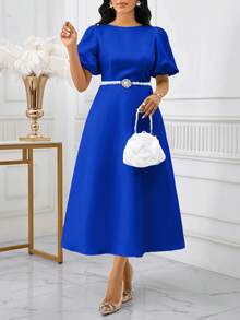 SHEIN Lady 女士优雅纯色泡泡袖连衣裙春夏优雅长袖 A 字裙主教袖白色婚礼情人节酒会大码连衣裙服装舞会礼服秋季女士连衣裙节日连衣裙白色连衣裙希腊女神裙白色毕业礼服 - 寶藍色 - 查看 6