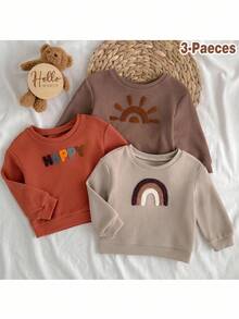 Loomiva 3件套女婴彩虹图案针织柔软圆领长袖套头衫套装