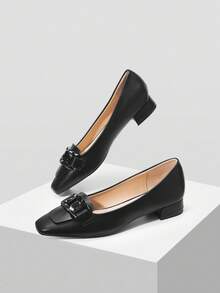 MOTF PREMIUM MUJERES SIMPLES VERSÁTILES DECORACIÓN DE CADENA TACÓN GRUESO PLANOS - Negro - Ver 2