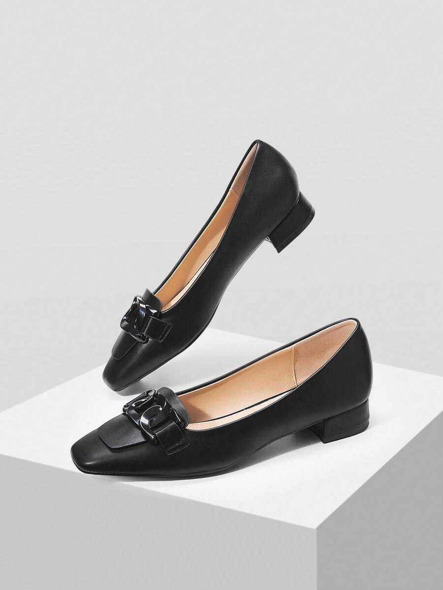 MOTF PREMIUM WOMEN'S SIMPLE COMMUTER VERSATILE CHAIN DECOR CHUNKY HEEL FLATS FOR CHRISTMAS - Black - View 2