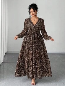 Elenzga Plus Size Women Elegant Chiffon Leopard Print V-Neck Long Sleeve Dress, Suitable For Dates And Outings