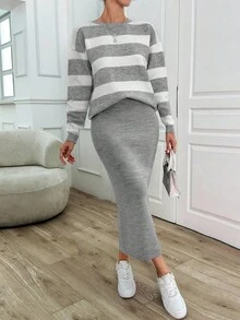 SHEIN Tall Wide Striped Brushed Wool Two Pieces Suit - Grey - View 7