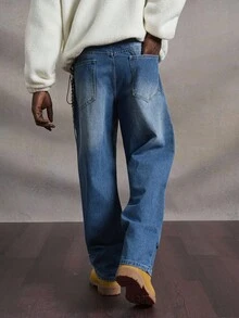 PAVTROS Manfinity Streetrush Casual Distressed Straight Leg Washed Blue Jeans With Knee Holes, Suitable For Spring And Autumn Unisex GenZ Vintage Washed Blue For Straight Leg Street Halloween All Saints' Day