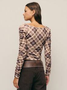 Nöista Plaid Long-Sleeved Slim T-Shirt With An Cowl Neckline, Offering A Vintage Feel And Stylish Comfort For Everyday Wear. Perfect For Summer Seasons, This Top Is Ideal For Casual Fall, Chic Going Out Looks, And Holiday Layering For Women. - Multicolor - View 2