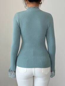 Elenzga 女式 V 领合身纽扣仿口袋设计高端优雅花卉拼接长袖针织开衫，秋季 - 霧霾藍 - 查看 2