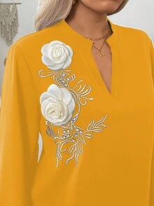 EMERY ROSE Plus Size Black Embroidered 3D Floral Rhinestone Decor Elegant Blouse For Women - Yellow - View 5