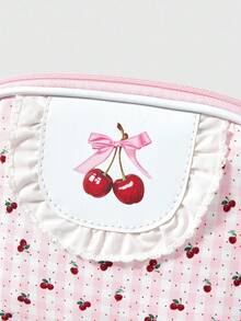 ROMWE Kawaii 1 件白色蕾丝和波尔卡圆点樱桃图案大容量便携式半圆形化妆包