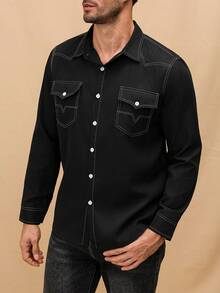 Manfinity Nomadique Men's Solid Front Button-Down Casual Long-Sleeved Shirt, For Fall - Black - View 4