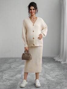 Momance Maternity Solid Color Drop Shoulder Long Sleeve Single-Breasted Knit Cardigan And Adjustable Waist Knit Midi Skirt Casual Suit, Autumn