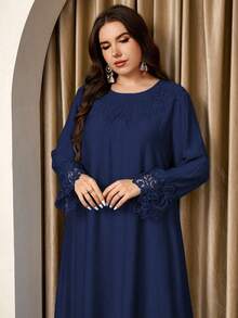 Graceveil 女士圆领长袖长上衣和直筒裤蕾丝拼接宽松休闲高端舒适大码套装 - 藏蓝色 - 查看 7