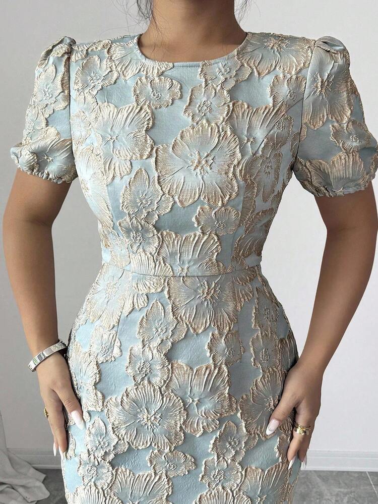 Elenzga Vestido elegante de estilo francés con cuello redondo, manga corta, textura bordada con patrón floral 3D, cintura ajustada, efecto estilizante y cola de pez, color verde oliva, talla grande - Verde - Añade 7