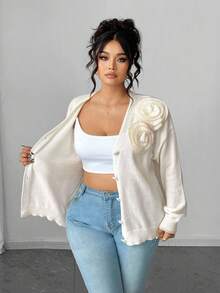 Elenzga Plus Size Women's V-Neck Button Handmade Floral Casual Open Cardigan Sweater, Autumn/Winter Fall