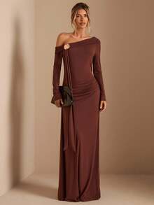 SHEIN BAE فستان كتف مكشوف بأكمام طويلة مع إبزيم معدني على الخصر مزين بكشكشة، فستان أنيق للمناسبات، الزفاف، وصيفات العروس، أعياد الميلاد، خريف/شتاء