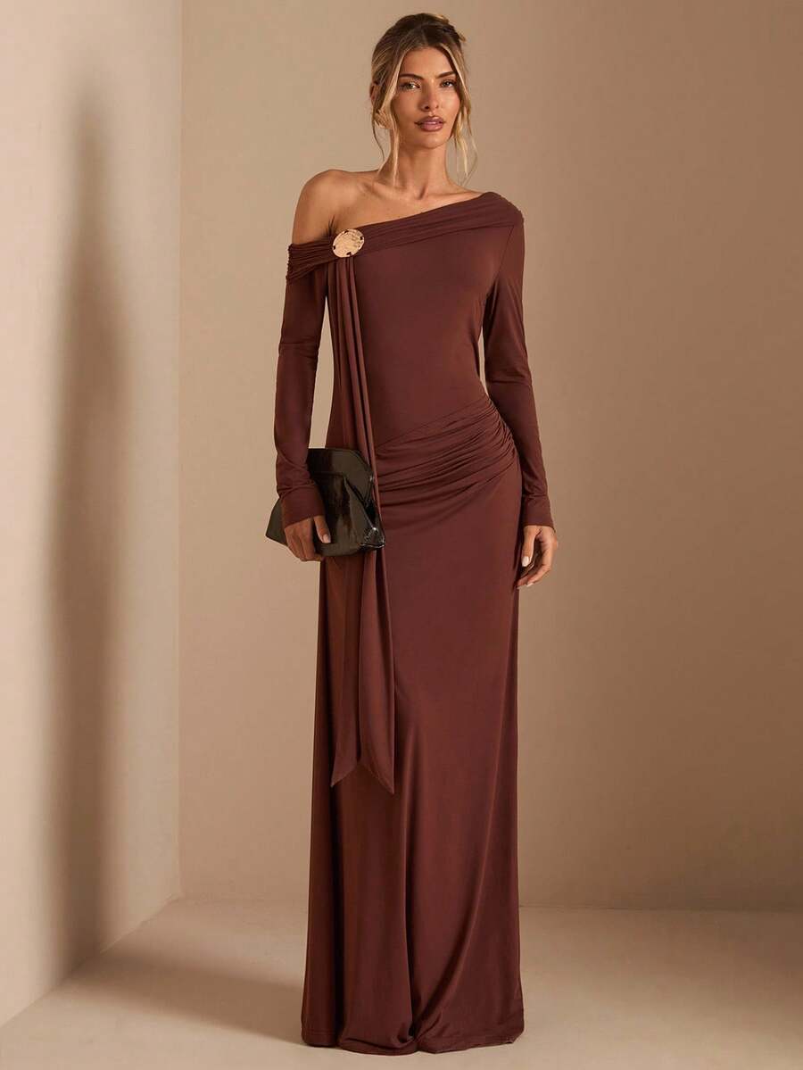 SHEIN BAE فستان كتف مكشوف بأكمام طويلة مع إبزيم معدني على الخصر مزين بكشكشة، فستان أنيق للمناسبات، الزفاف، وصيفات العروس، أعياد الميلاد، خريف/شتاء