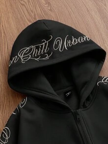 SWAVVY 男士针织时尚日常休闲宽松刺绣英文文字连帽衫，秋季、冬季、情侣装、长袖上衣 - 黑色 - 查看 2