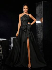 Glamrae Elegant Romantisk Gul Satin Asymmetrisk Plisserad Axelbandslös Överdimensionerad Rosettdekoration Hög Slits Maxikjol, Lämplig För Formella Tillfällen, Fester, Dejter, Galor - Svart - Visa 2