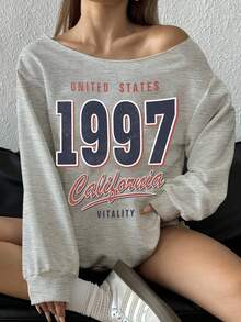 SHEIN EZwear 复古学院风 1997 数字和复古英文字母印花大码露肩宽松休闲长袖女式运动衫 - 淺灰色 - 查看 4