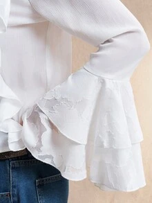 Easelle قميص نسائي كاجوال مريح للخارج بأكمام واسعة مرفرفة وياقة على شكل حرف V بطبقات من الكشكشة بطراز بوهيمي عتيق