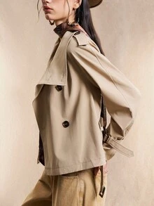 Easelle Vintage Nomadic High Collar Cinched Waist Button Up Women Trench Coat Women Trench Coat Belted Trench Coat Women Outerwear Women Jackets In Fall/Winter,Cozy Fall And Winter Clothes For Women - Apricot - View 5